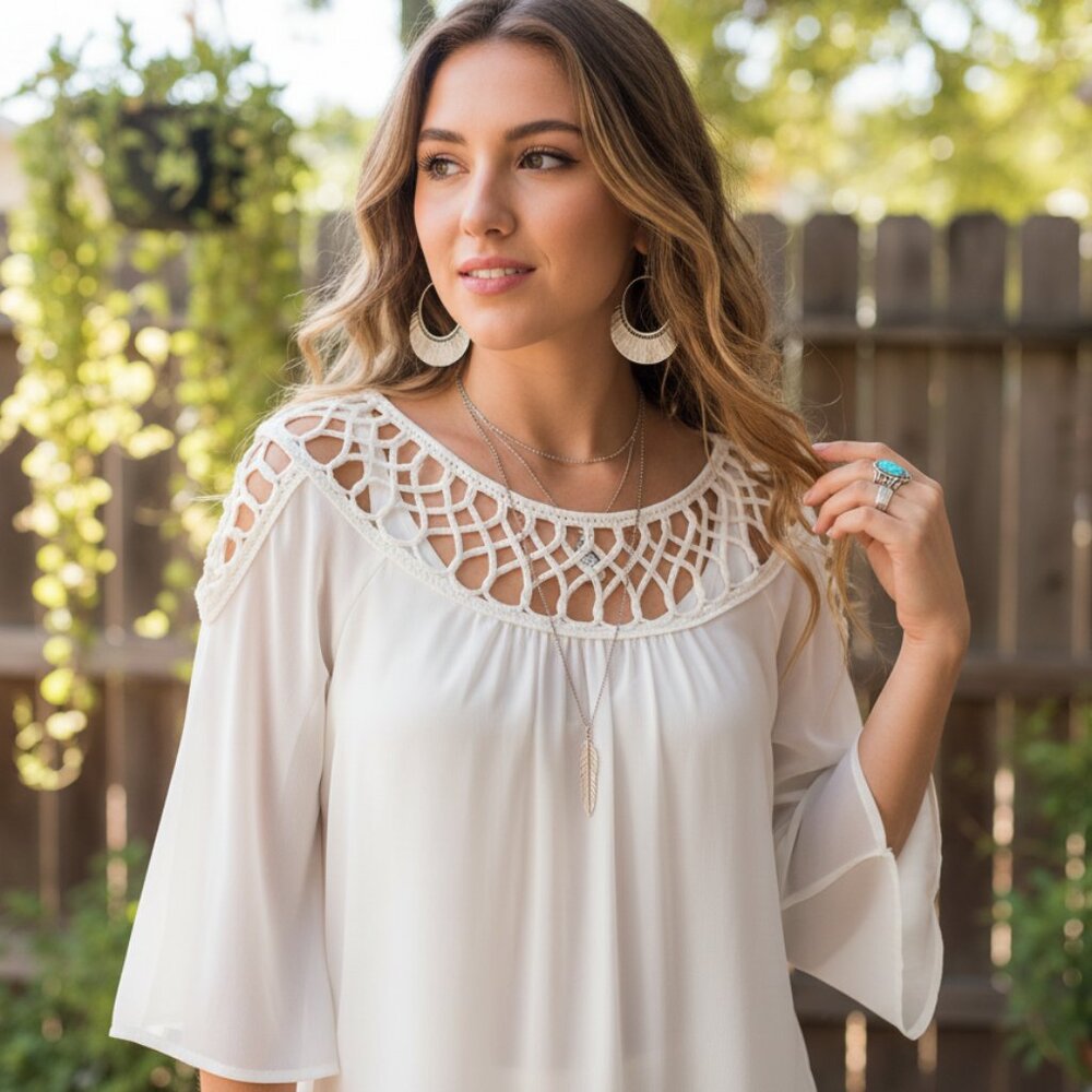 Umgee M Cream Lace Cutout Top Boho Cottage Coastal Soft Girl Coquette Fairy